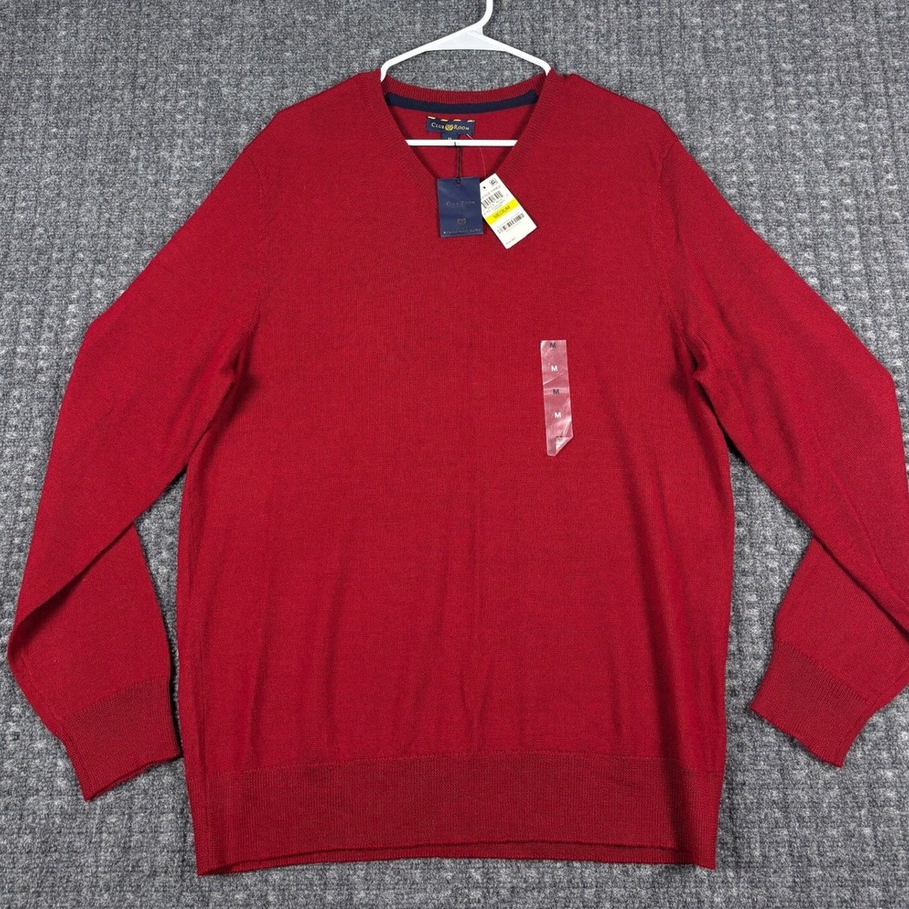 Club Room Estate Merino Wool Blend V-Neck Sweater Medium Cherry Red Mens